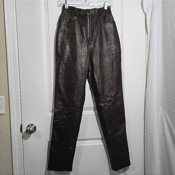 Margaret Godfrey Brown Leather High Waisted Straight Leg Pants Women's Size 8 - Picture 3 of 10